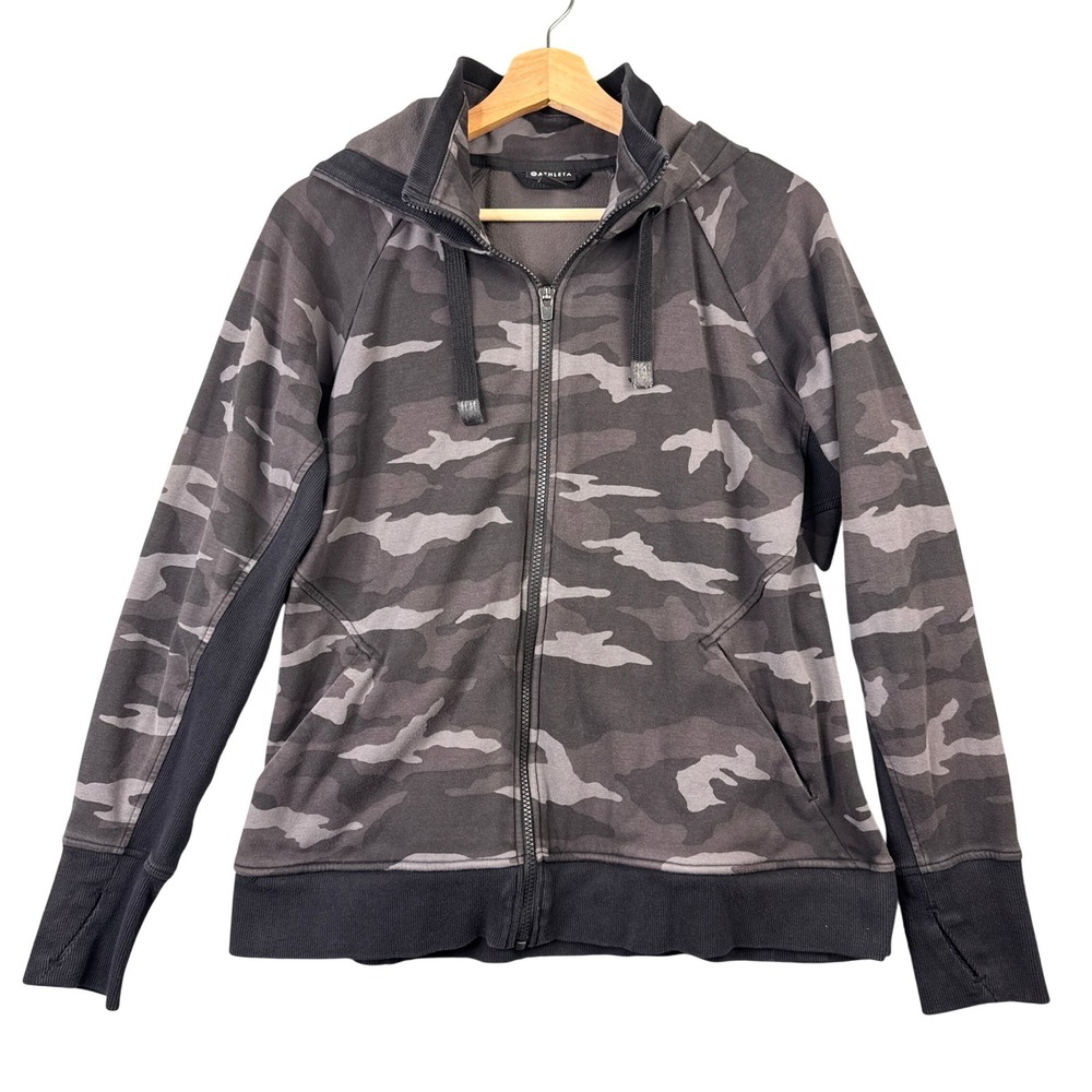 Athleta‎ Stronger Hoodie Camo Full Zip Jacket Gray Black Thumbholes Womens L